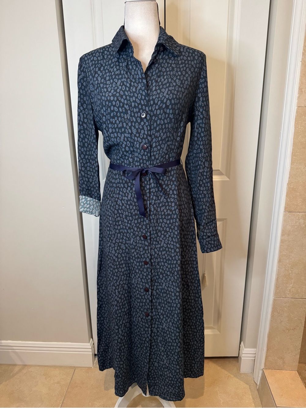 Fresha London Navy Animal Print Shirt Dress with Tie Belt